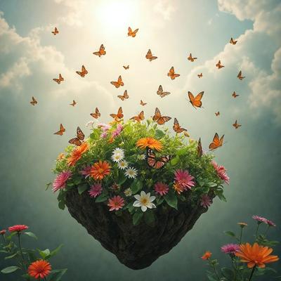 Primary subject: A flower pot with a variety of flowers and butterflies flying around it.

Setting/background: The flower pot is placed on a cloudy background, creating a whimsical and dreamy atmosphere.

Visual style: The image is a digital artwork, featuring a vibrant and colorful scene with a focus on the flower pot and the butterflies.

Colors and mood: The primary colors in the image are pink, white, and yellow, creating a warm and